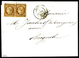 O N°1a, 10c Bistre Brun-foncé En Paire Sur Lettre De Aups Le 2 Septembre 1852 Pour Brignoles. SUP (signé Scheller/certif - 1849-1876: Période Classique