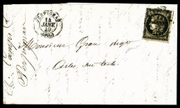 O N°3, 20c Noir Obl Càd PERPIGNAN 14 JANVIER 1849 Sur Lettre Arrivée à Arles Sur Tech Le Même Jour, SUPERBE (certificat) - 1849-1876: Klassik