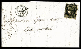 O N°3, 20c Noir Obl Càd PERPIGNAN 14 JANVIER 1849 Sur Lettre Arrivée à Arles Sur Tech Le Même Jour, SUPERBE (certificat) - 1849-1876: Periodo Classico