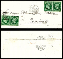 O N°12c, 5c Vert Foncé Sur Vert: 2 Paires Sur Lettre De Paris Le 18 Avril 1858 Pour Comines. SUP. R. (signé Brun/Schelle - 1849-1876: Periodo Classico