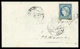O N°44A, 20c Bleu Type I Sur Lettre, TB (signé/certificat)   Qualité: O   Cote: 1100 Euros - 1849-1876: Période Classique