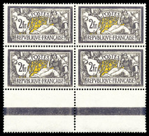 ** N°122, Merson, 2F Violet Foncé Et Jaune En Bloc De Quatre Bas De Feuille, Bon Centrage, R.R.R. SUPERBE (certificat)   - 1900-02 Mouchon