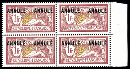 ** N°121-CI 2, Merson 1F Lie De Vin Et Olive Surchargé 'ANNULE' X2 En Bd4, Bord De Feuille Latéral, TTB (certificat)   Q - Lehrkurse