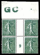 ** N°130, 15c Vert-gris: Bd4 Millésime '9' Avec Manchette 'GC' Papier Blanc, TB   Qualité: **   Cote: 150 Euros - Millésime