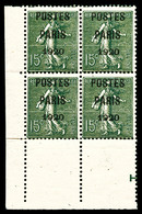 ** N°25, 15c Vert-olive Surchargé 'POSTE PARIS 1920' En Bloc De Quatre Coin De Feuille, Fraîcheur Postale. SUP. R.R. (ce - 1893-1947