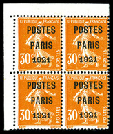 (*) N°29, Semeuse 30c Orange Surchargé 'POSTE PARIS 1921' En Bloc De Quatre Cdf. TB   Qualité: (*) - 1893-1947