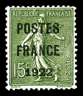(*) N°37, 15c Semeuse Surchargée 'POSTE FRANCE 1922'. TTB (signé Brun/certificat)   Qualité: (*)   Cote: 700 Euros - 1893-1947