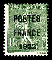 (*) N°37a, 15c Vert-bronze Surchargé 'POSTE FRANCE 1922', TB (signé Brun/certificat)   Qualité: (*)   Cote: 800 Euros - 1893-1947