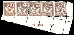 * N°126, 20c Mouchon, Piquage Oblique Par Pliage Sur Bande De 5 Bas De Feuille Avec Numéro. SUP. R. (signé Scheller/cert - Unused Stamps