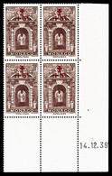 ** N°200/14, Série Croix Rouge De 1940 En Bloc De Quatre Coin De Feuille Datés De 14/12/39, Les 15 Valeurs TB (certifica - Sonstige & Ohne Zuordnung