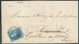 N°15 - Médaillon 20 Centime Bleu. Obl; P.5 Sur Lettre D'ARLON Le 24 Février 1864 Vers Marche (biffé) Et Renvoi Vers Comb - 1863-1864 Medaillen (13/16)