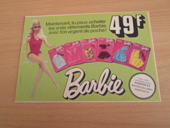 VETEMENTS A 49 F (belges) POUPEE BARBIE Pour  Collectionneurs ... PUBLICITE MATTEL Page De Revue Des Années 70 - Barbie