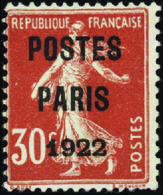 2400 N° 32 30c Semeuse Rouge "Postes Paris 1922" Qualité:(*) Cote:200  - Altri & Non Classificati