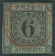 BADEN 3a O, 1851, 6 Kr. Schwarz Auf Blaugrün Mit Zentrischem Roten Nummernstempel 127 (SCHILTACH), Marke Kleine Schnittm - Sonstige & Ohne Zuordnung