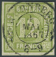 BAYERN 12 O, 1862, 12 Kr. Dunkelgelbgrün, Idealer Zentrischer K2 NÜRNBERG, Pracht - Sonstige & Ohne Zuordnung