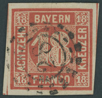 BAYERN 13a O, 1862, 18 Kr. Zinnoberrot, Allseits Riesenrandig, Offener MR-Stempel 28, Kabinett, Gepr. Bühler - Other & Unclassified