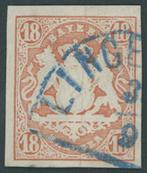 BAYERN 19 O, 1867, 18 Kr. Dunkelzinnoberrot Mit Blauem Segmentstempel!, Kabinett, Gepr. Schmitt - Other & Unclassified