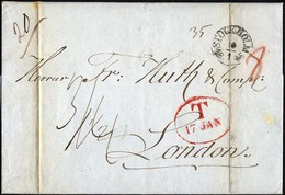 HAMBURG - GRENZÜBERGANGSSTEMPEL 1845, T 17 JAN, In Rot Auf Brief Von Stockholm (K1) Nach London, Rückseitiger Roter Datu - Prephilately