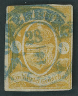 OLDENBURG 9 O, 1861, 1/4 Gr. Dunkelgelborange, Zentrischer Blauer K2 OLDENBURG, Bis Auf Die Linke Obere Ecke Voll-breitr - Oldenburg