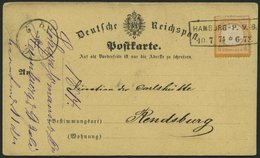 Dt. Reich 18 BRIEF, 1874, 1/2 Gr. Orange Auf Postkarte Mit R2 HAMBURG-P.V.6, Nach Rendsburg, Pracht - Gebraucht