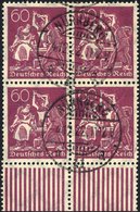 Dt. Reich 184 VB O, 1922, 60 Pf. Schwärzlichrosalila, Wz. 2, Im Viererblock Vom Unterrand, Pracht, Gepr. Infla - Gebraucht