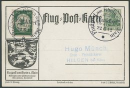 ZEPPELINPOST 12 BRIEF, 1912, 30 Pf. Flp. Auf Rhein Und Main Auf Flugpostkarte Ankunft Gelber Hund Mit 5 Pf. Zusatzfranka - Luft- Und Zeppelinpost
