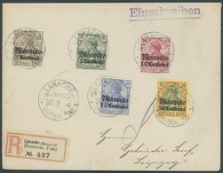 DP IN MAROKKO 34-38 BRIEF, 1908, 3 C. Auf 3 Pf. - 30 C. Auf 25 Pf., Mit Wz., Auf Einschreibbrief Aus LARACHE, Pracht - Marruecos (oficinas)