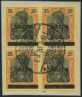 SAARGEBIET 9bI VB O, 1920, 25 Pf. Gelborange/schwarz Auf Gelbweiß, Type I, Im Viererblock Mit Zentrischem Stempel, Prach - Sonstige & Ohne Zuordnung