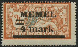 MEMELGEBIET 31yIPF Ia **, 1920, 4 M. Auf 2 Fr. Rötlichorange/hellgrünlichblau, Type I, Mit Abart Querbalken Der 4 Verdic - Klaipeda 1923