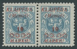 MEMELGEBIET 135II **, 1923, 10 M. Auf 5 C. Grünlichblau Im Waagerechten Paar, Rechte Marke Mit Abart Weiter Abstand Zwis - Klaipeda 1923