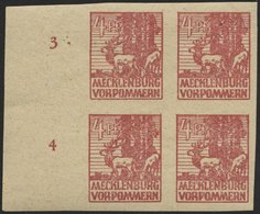 MECKLENBURG-VORPOMMERN 31yb VB **, 1946, 4 Pf. Lebhaftkarminbraun Im Randviererblock, Pracht, Fotoattest Kramp, Mi. (200 - Other & Unclassified