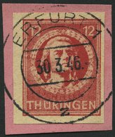 THÜRINGEN 97AXaqU BrfStk, 1945, 12 Pf. Karminrot, Vollgummierung, Graues Kartonpapier, Ungezähnt, Prachtbriefstück, Gepr - Sonstige & Ohne Zuordnung