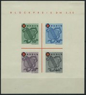 BADEN Bl. 2II/II (*), 1949, Block Rotes Kreuz, Type II: Farbfleck Unten An Der 40, Falzreste Im Ungummierten Rand, Prach - Sonstige & Ohne Zuordnung