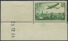 FRANKREICH 311a **, 1936, 50 Fr. Gelbgrün Flugzeug über Paris, Bogenecke Mit Druckdatum, Pracht, Gepr. Calves, Mi. (1300 - Sonstige & Ohne Zuordnung