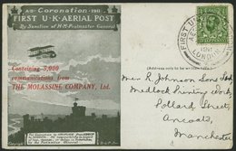 GROSSBRITANNIEN 121 BRIEF, 1911, 1/2 P. König Georg V Auf Sonderkarte First U.K. AERIAL POST Mit Rotem Zudruck THE MOLAS - Gebraucht