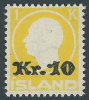 ISLAND 111 **, 1924, 10 Kr. Auf 1 Kr. Gelb, Pracht, Mi. 900.- - Other & Unclassified