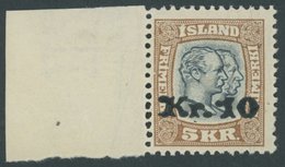 ISLAND 141 **, 1930, 10 Kr. Auf 5 Kr. Hellbraun/schwarzblau, Linkes Randstück, Pracht, Mi. (950.-) - Sonstige & Ohne Zuordnung