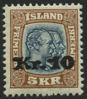 ISLAND 141 *, 1930, 10 Kr. Auf 5 Kr. Doppelportrait, Falzrest, Pracht, Signiert Zumstein - Sonstige & Ohne Zuordnung