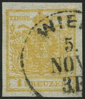 ÖSTERREICH 1XaDG O, 1850, 1 Kr. Ockergelb, Handpapier, Mit Zartem Doppelseitigen Druck, K1 WIEN, Pracht - Used Stamps
