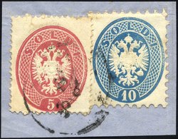 LOMBARDEI UND VENETIEN 16,22 BrfStk, Mischfrankatur: 1863, 5 So. Rosa Und 10 So. Blau Auf Briefstück, Pracht - Lombardy-Venetia