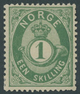 NORWEGEN 16b *, 1873, 1 Sk. Blaugrün, Falzreste, Normale Zähnung, Pracht, Mi. 200.- - Sonstige & Ohne Zuordnung