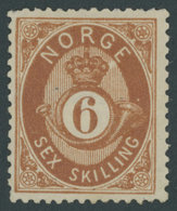 NORWEGEN 20 *, 1875, 6 Sk. Rötlichbraun, Falzreste, üblich Gezähnt Pracht, Mi. 400.- - Sonstige & Ohne Zuordnung