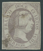 SPANIEN 7 O, 1851, 12 C. Lila, Pracht, Mi. 200.- - Other & Unclassified