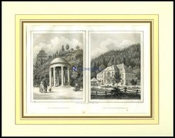 KARLSBAD: Der Theresienbrunn Und Der Freundschaftssaal, 2 Ansichten Auf Einem Blatt, Stahlstich Von Poppel, 1840 - Lithographien