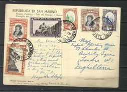 REPUBBLICA DI SAN MARINO 1938 DELFICO CENT. 7 1/2 + 20 + FASCI 10 + 20 VEDUTE 5 + 15 USATI SU CARTOLINA USED POST CARD - Covers & Documents