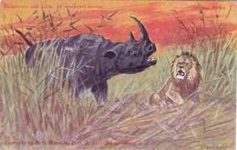 CPA Animaux Sauvages Rhinocéros Faisant Fuir Un Lion Nashorn Rinoceronte Hocopor Leon Löwe Illustrateur - Rinoceronte