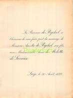 FAIRE PART MARIAGE  BARONNE DE RYCKEL AMEDEE ANNE DE MELOTTE DE LAVAUX LIEGE 1892 - Mariage