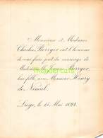 FAIRE PART MARIAGE  CHARLES BERRYER JEANNE HENRY DE NIMAL LIEGE 1894 - Mariage