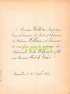 FAIRE PART MARIAGE  WELLENS BERTHE ALBERT DE VAUX BRUXELLES 1893 - Mariage