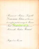 FAIRE PART MARIAGE  LEOPOLD DEMONCEAU POLAIN PAUL PAULINE HAMAL LIEGE 1893 - Mariage